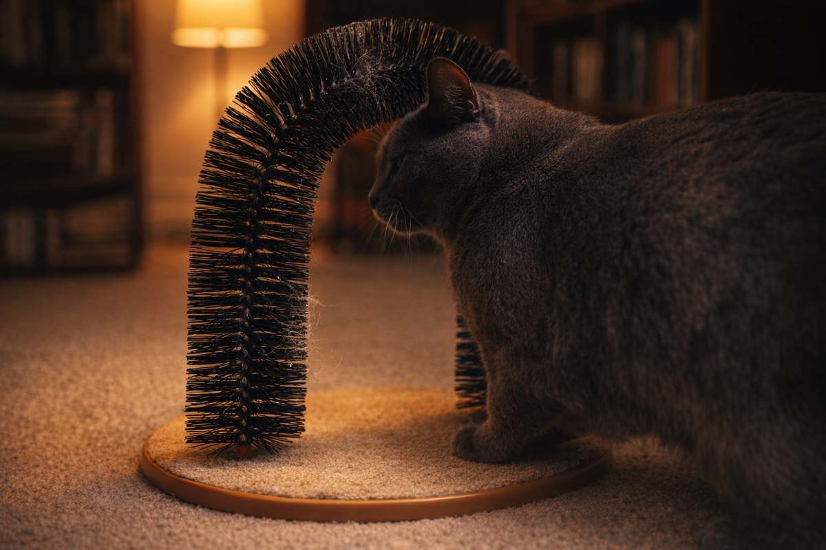Cat pressing against arch bristles in evening light