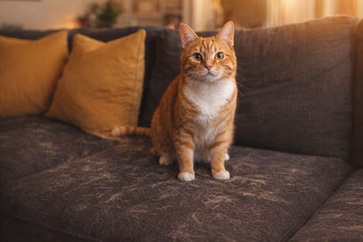 Cat sitting on fur-covered couch