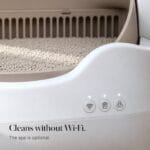 cleannest-open-top-self-cleaning-litter-box-buttons-no-wifi-needed Close-up of the three buttons on the CleanNest litter box. Text: Cleans without Wi-Fi. The app is optional.