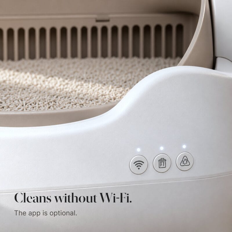 Close-up of the three buttons on the CleanNest litter box. Text: Cleans without Wi-Fi. The app is optional.