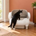 cleannest-open-top-self-cleaning-litter-box-cat-stepping-in Tuxedo cat stepping into an open-top white and taupe self-cleaning litter box in a sunny living-room corner