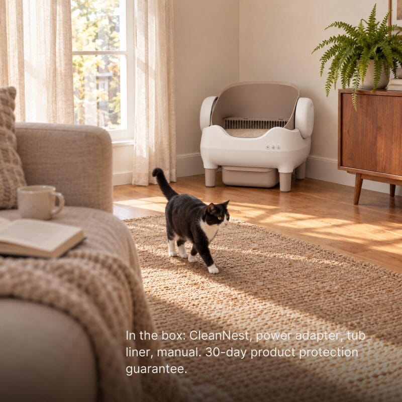 CleanNest litter box in a living room. Text: In the box: CleanNest, power adapter, tub liner, manual.