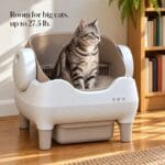 cleannest-open-top-self-cleaning-litter-box-large-cats-27-5-lb Large silver tabby sitting in the CleanNest open-top litter box. Text: Room for big cats, up to 27.5 lb.