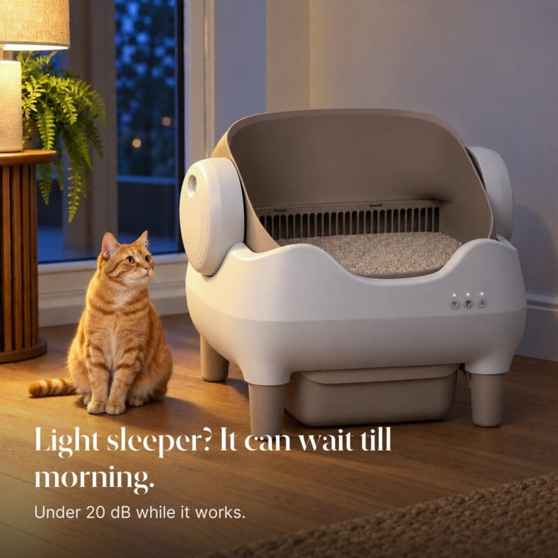 Orange tabby beside the CleanNest litter box at dusk. Text: Light sleeper? It can wait till morning. Under 20 dB.