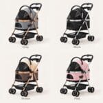 PurrVoyage cat stroller shown in four colors: black, brown, gray and pink
