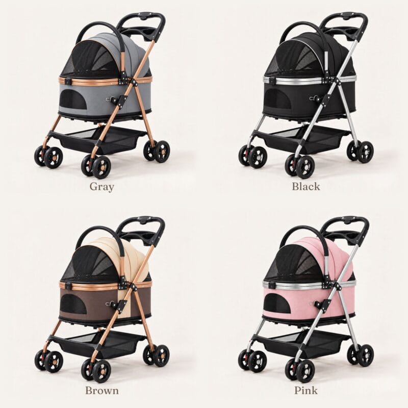 PurrVoyage cat stroller shown in four colors: black, brown, gray and pink