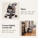Cat stroller open and its frame folded flat with the carrier off, with approximate sizes