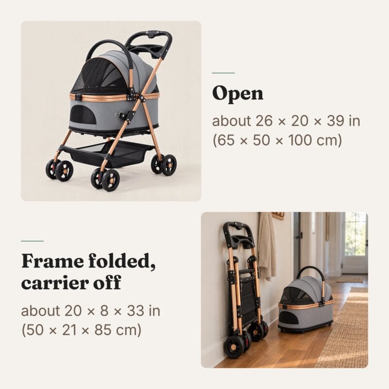 Cat stroller open and its frame folded flat with the carrier off, with approximate sizes