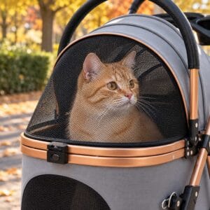 Close view of an orange tabby cat watching the street through the black mesh hood of a gray cat stroller