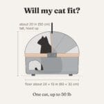 Size drawing of the cat stroller's carrier with a sitting cat drawn to scale
