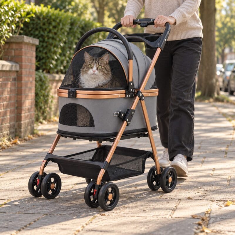 Person pushing a gray cat stroller along a sidewalk with a large tabby cat sitting up inside the mesh hood