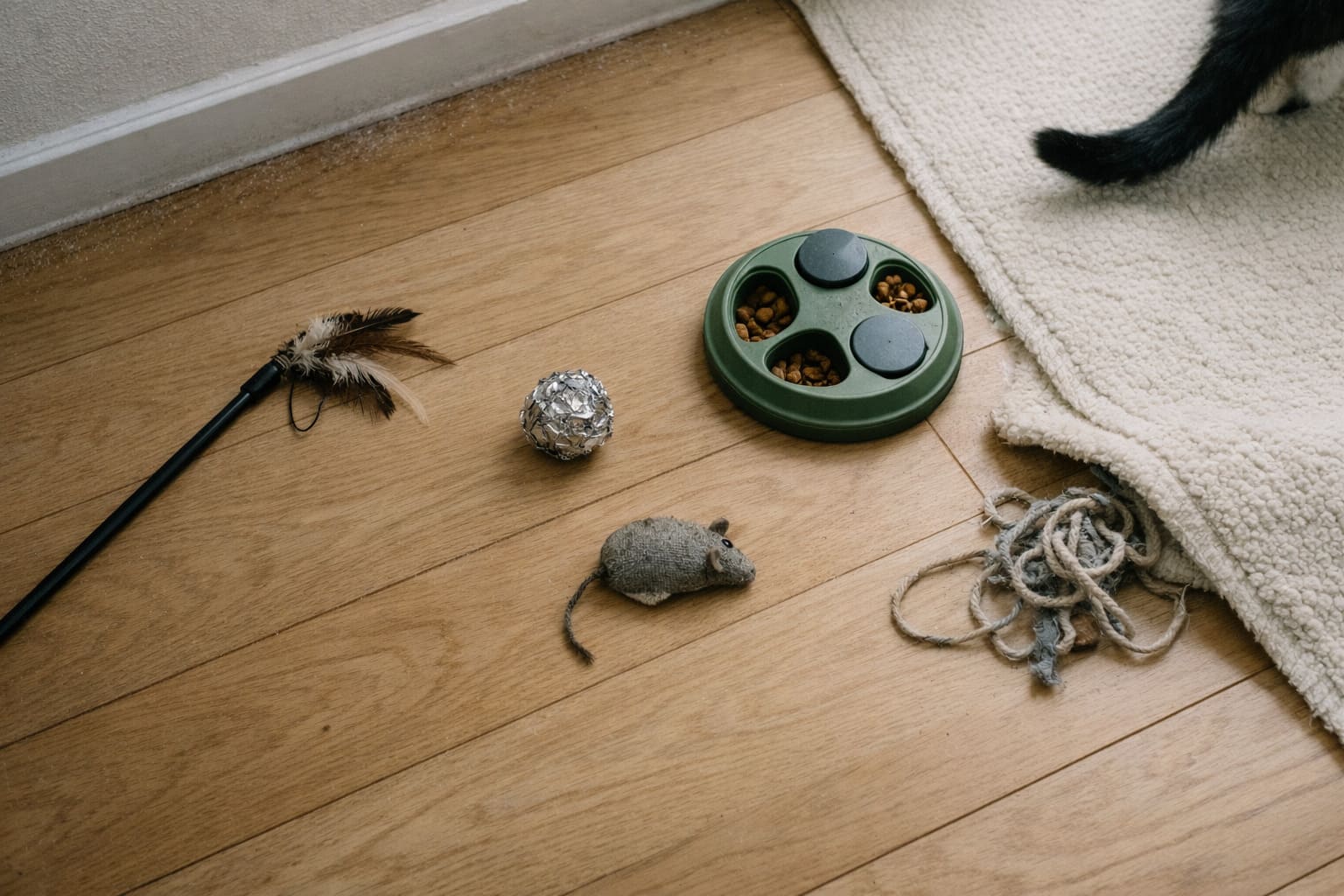 Scattered cat toys abandoned on an apartment floor — a feather wand, crinkle ball, puzzle feeder, and tangled string, all ignored