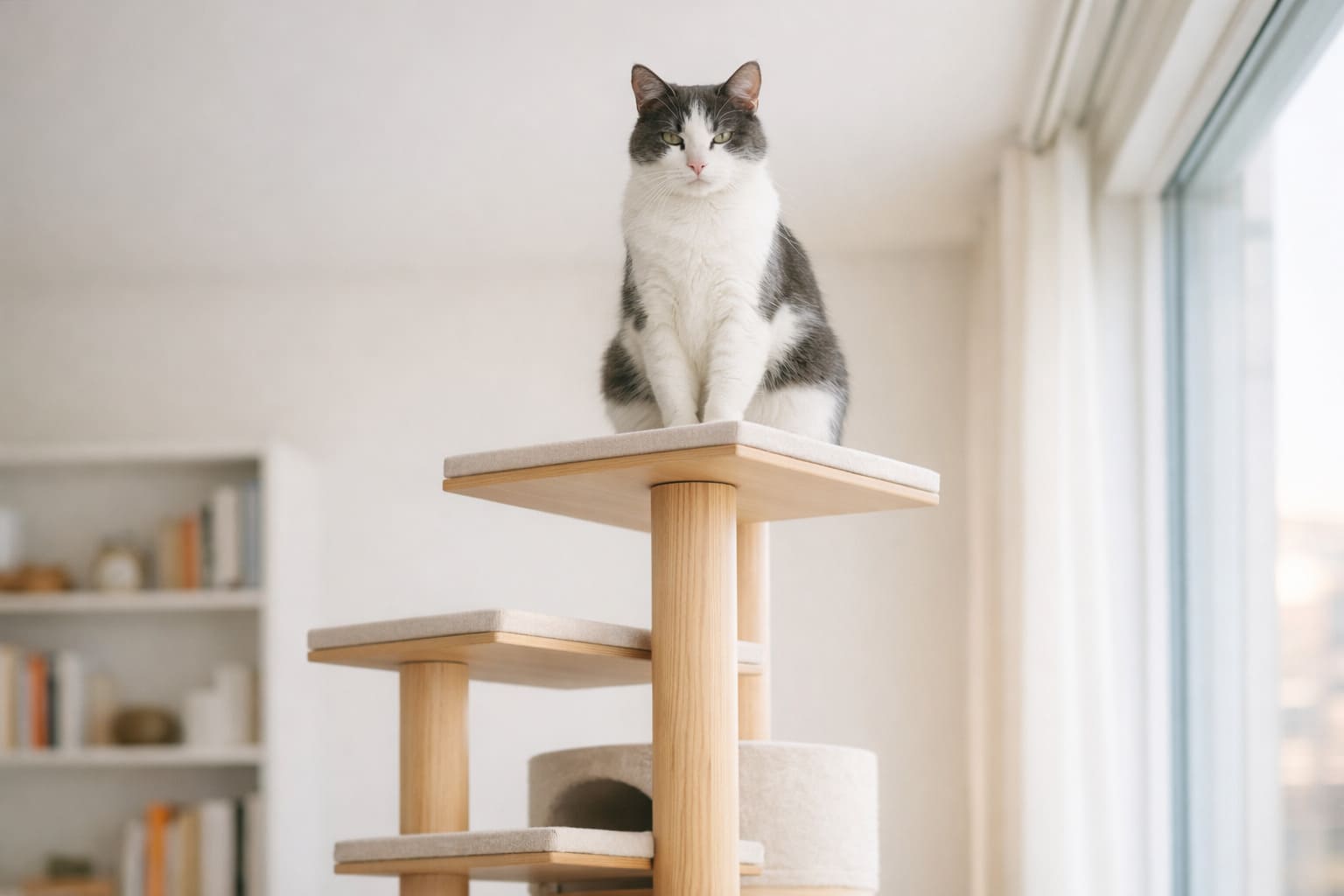 Cats perched high on a cat tree surveying their territory