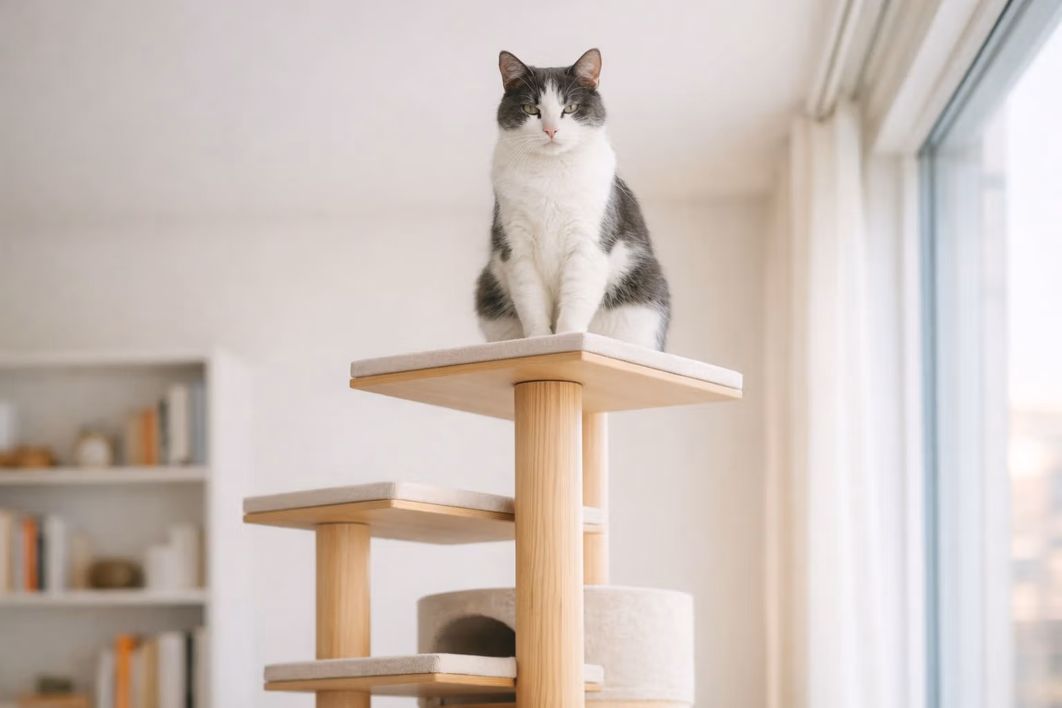 Cats perched high on a cat tree surveying their territory