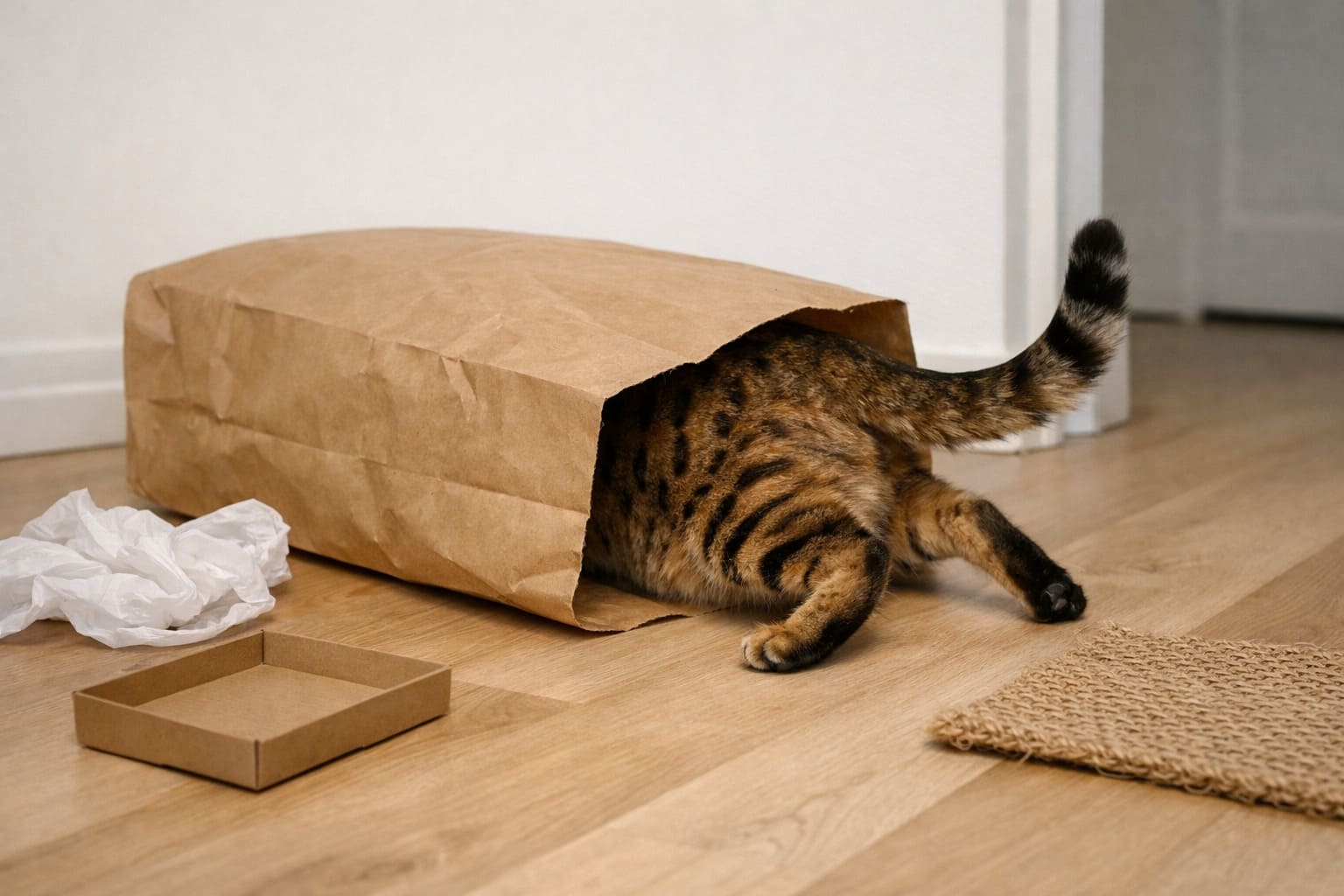 Bengal-mix cat halfway inside a paper bag on an apartment floor, tail raised in excitement, surrounded by novel textures to explore
