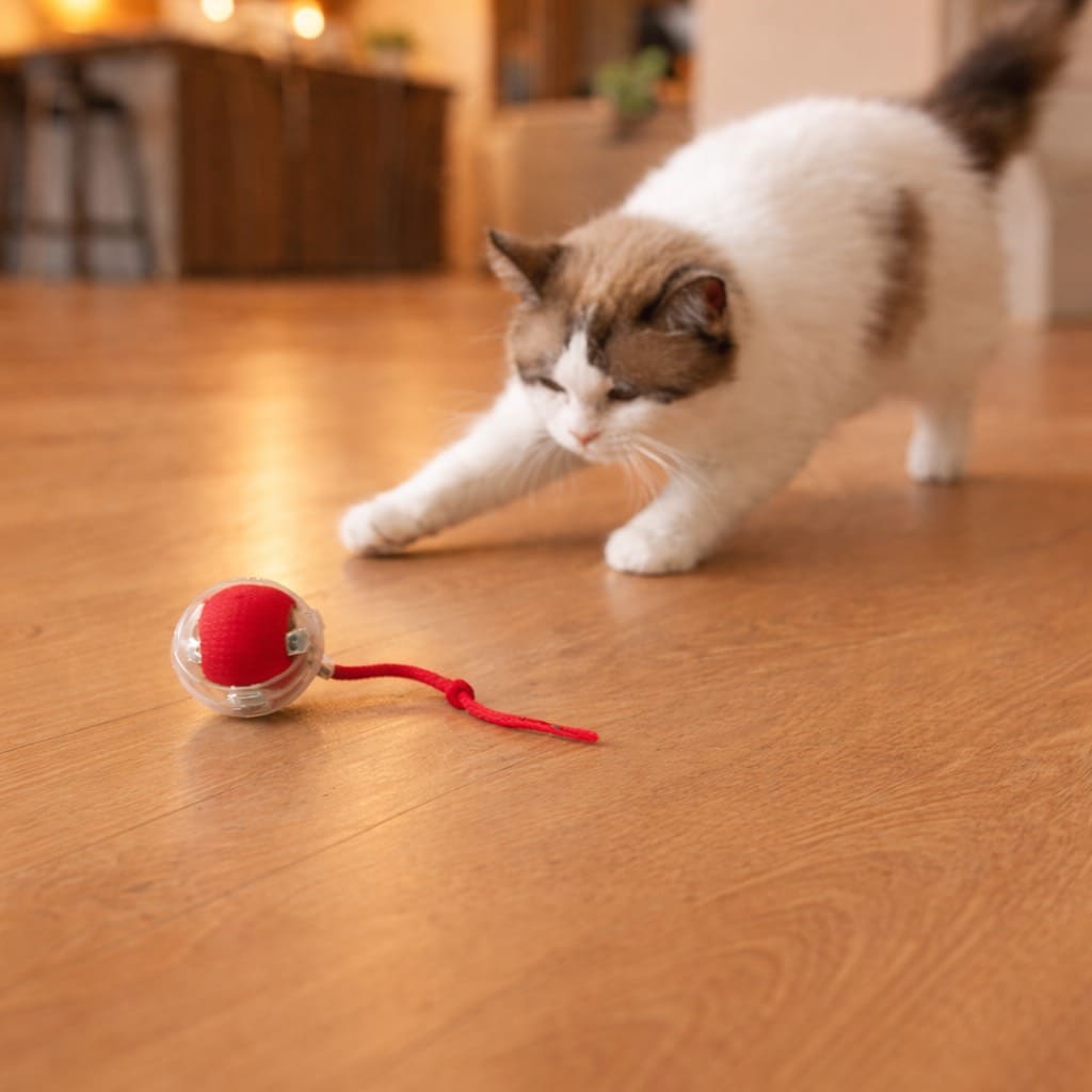 Cat stalking and pouncing on interactive toy