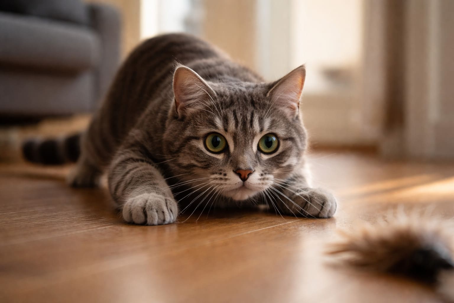 Grey tabby cat in full predatory crouch on a hardwood floor, eyes locked on a feather toy, muscles tensed to pounce