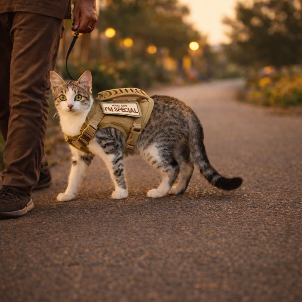 Cat exploring outdoors on a harness and leash