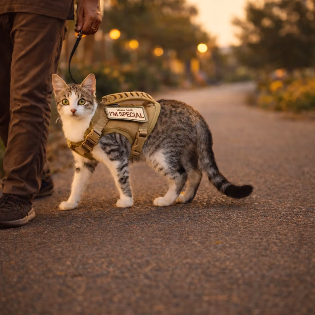 Cat exploring outdoors on a harness and leash