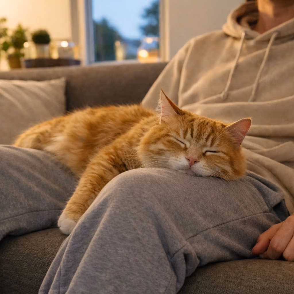 Cat resting on lap, hands gently resting on cat, warm golden light