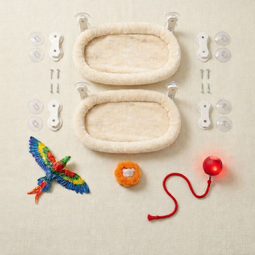 Two Cozy cat hammock bundle with SkyChaser Bird Toy, HyperChase LED Ball, and Pet Hair Remover Laundry Ball free gifts