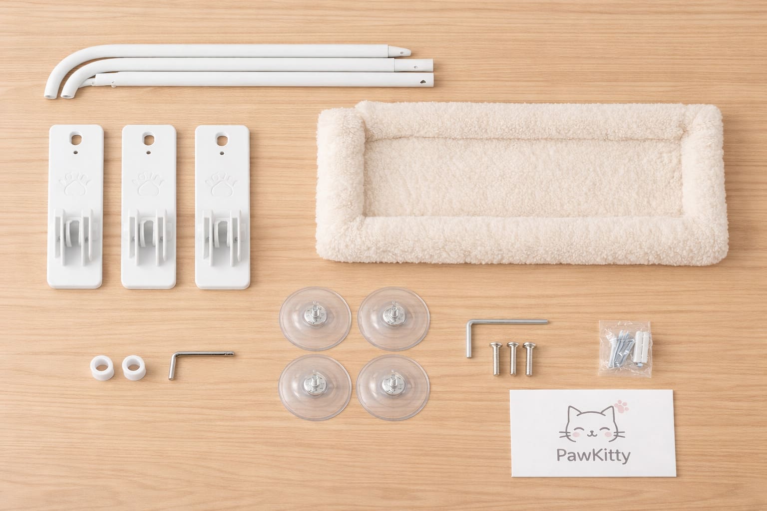 All components of the Cozy cat hammock kit laid out: steel frame, fur-lined bed, mounting plates, suction cups, Allen key, and rubber bumpers