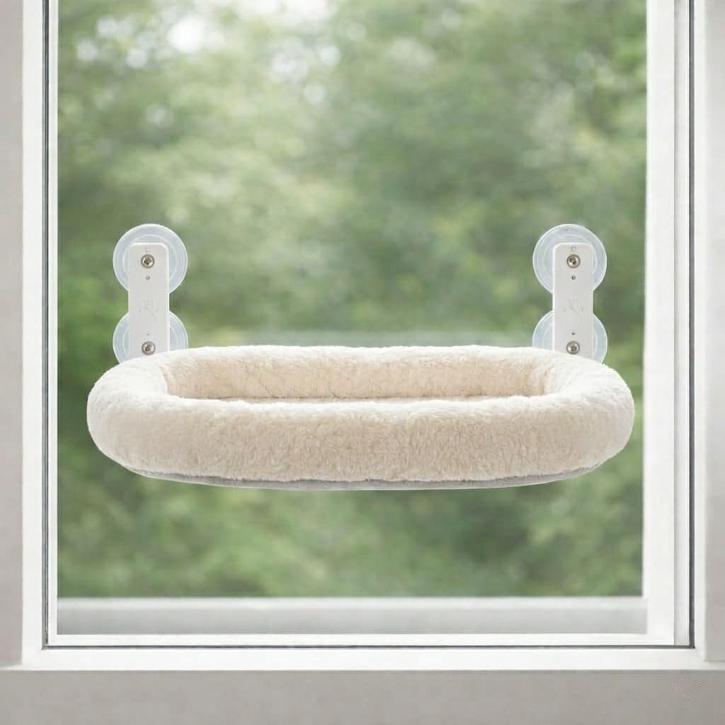 Cozy variant window cat hammock with plush fur lining and raised enclosed edges mounted on glass