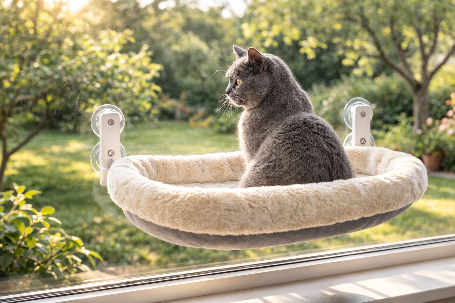Grey cat watching birds from the Cozy fur-lined window hammock in natural daylight