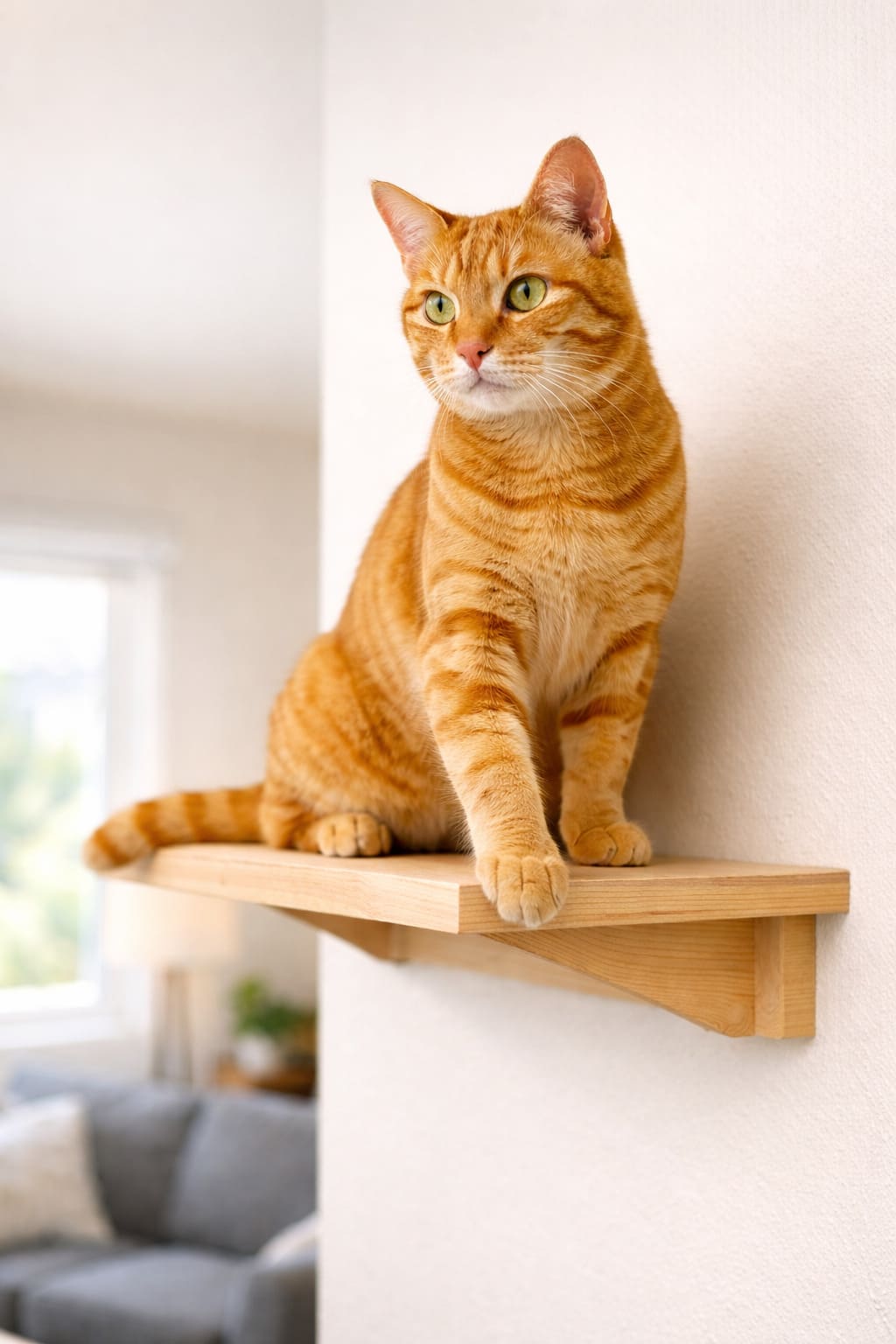 Alert orange tabby cat perched confidently on a wall-mounted shelf, ears forward, fully engaged and surveying the room below
