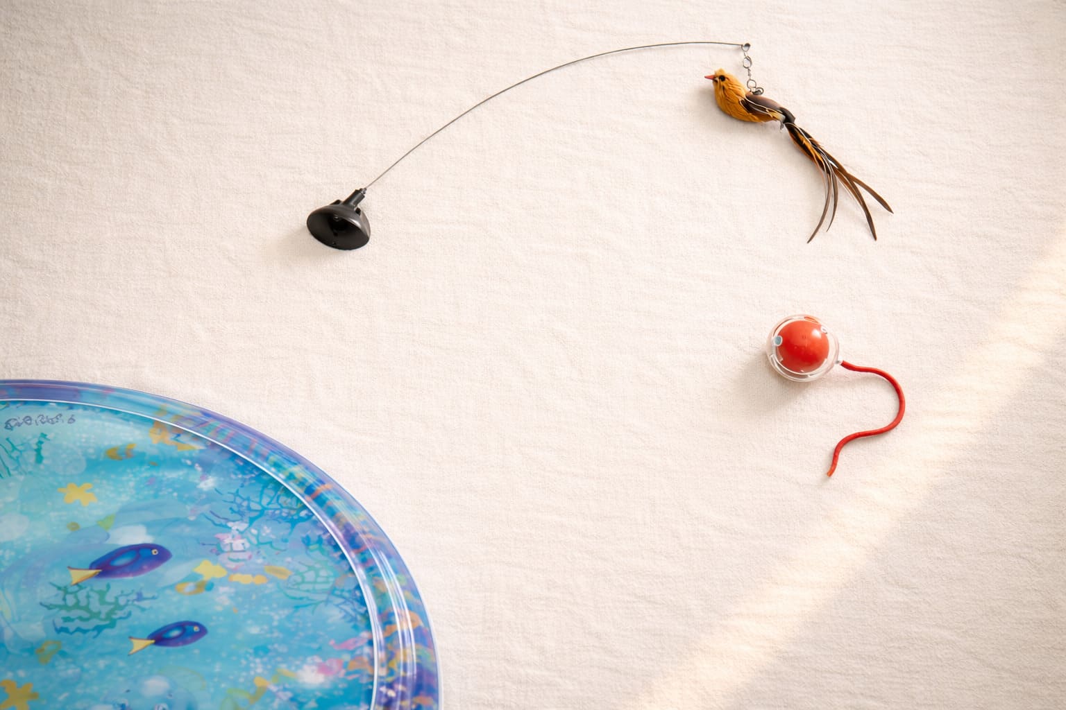 Three PawKitty products arranged on cream linen — an interactive bird wand toy, HyperChase LED ball, and AquaPaw water mat representing the Hunt, Climb, and Roam rotation system