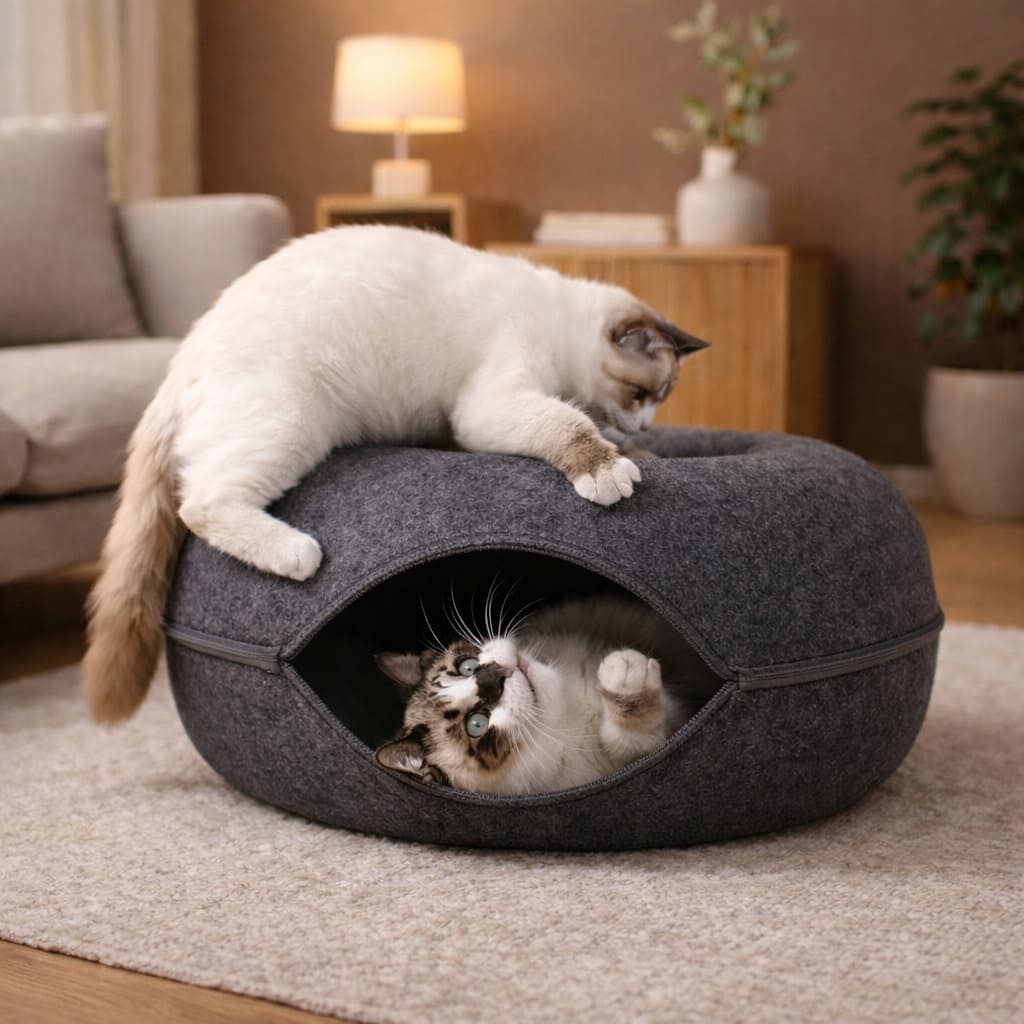 Cat curled up asleep in a plush cat bed