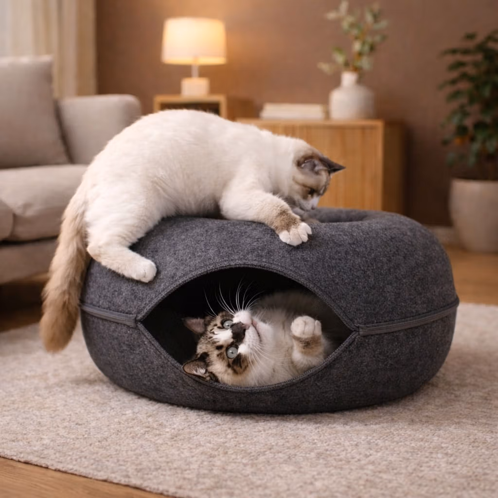 Cat curled up asleep in a plush cat bed