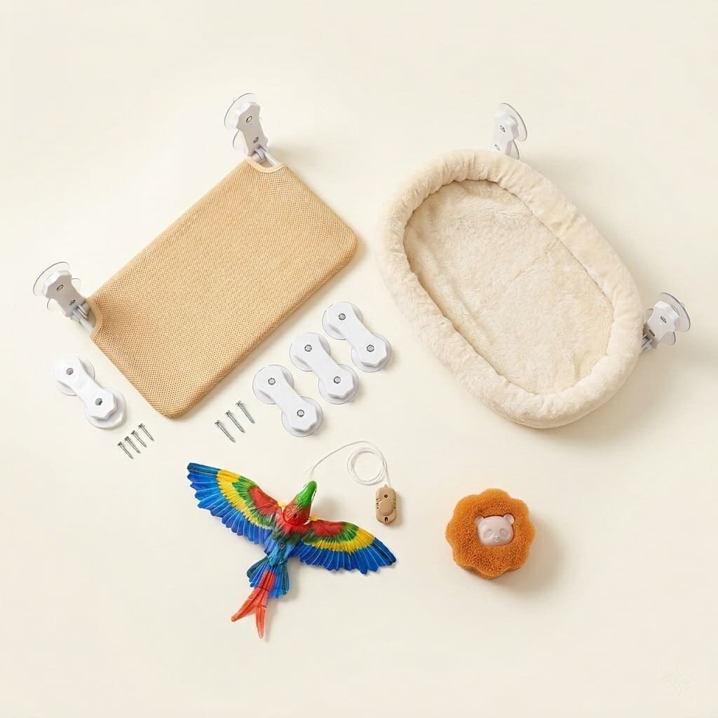 Simple and Cozy cat hammock bundle with SkyChaser Bird Toy and Pet Hair Remover Laundry Ball free gifts