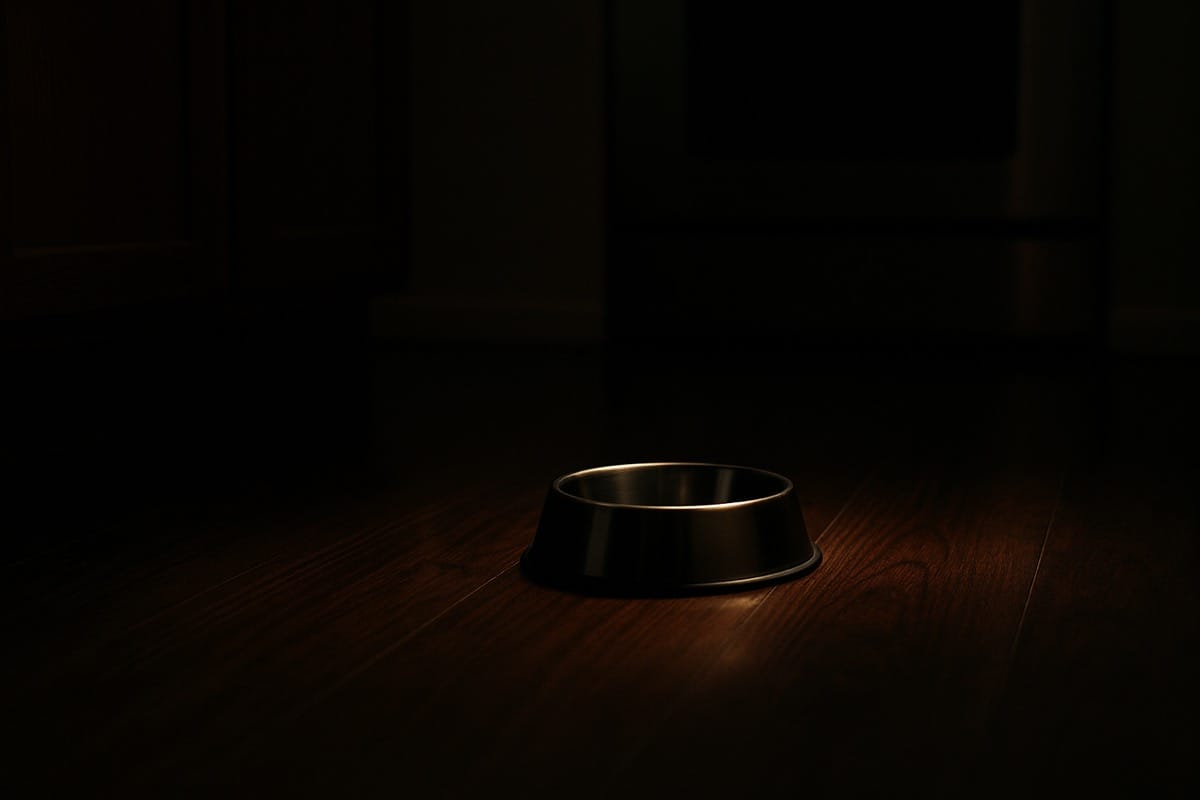 Empty cat food bowl on kitchen floor in evening light