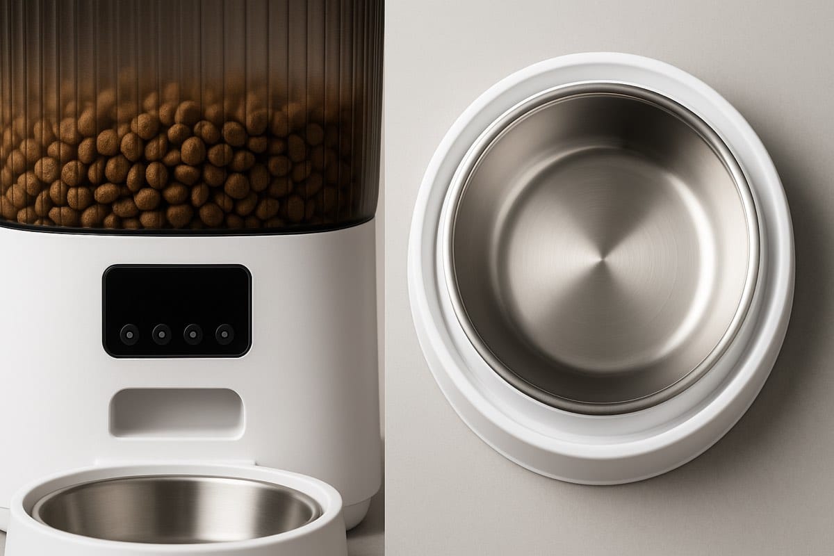 Automatic cat feeder transparent ribbed tank with kibble and stainless steel bowl