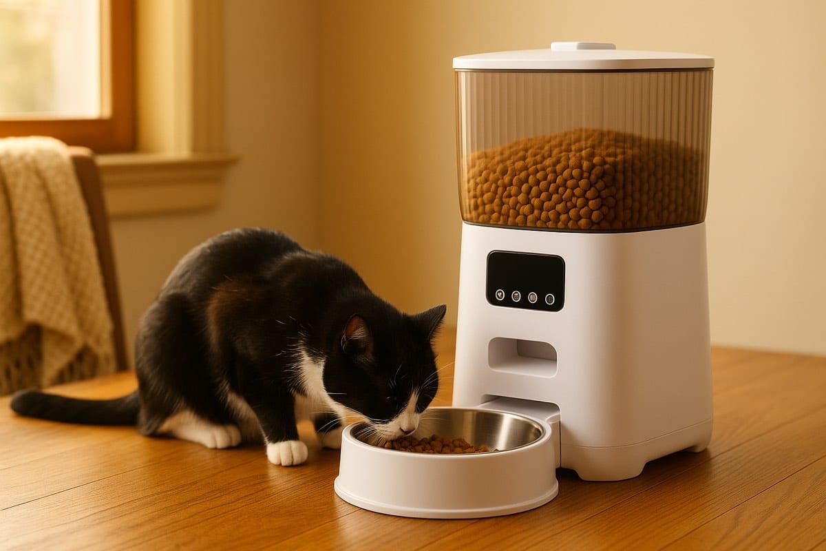 Cat eating from automatic feeder in warm morning kitchen light