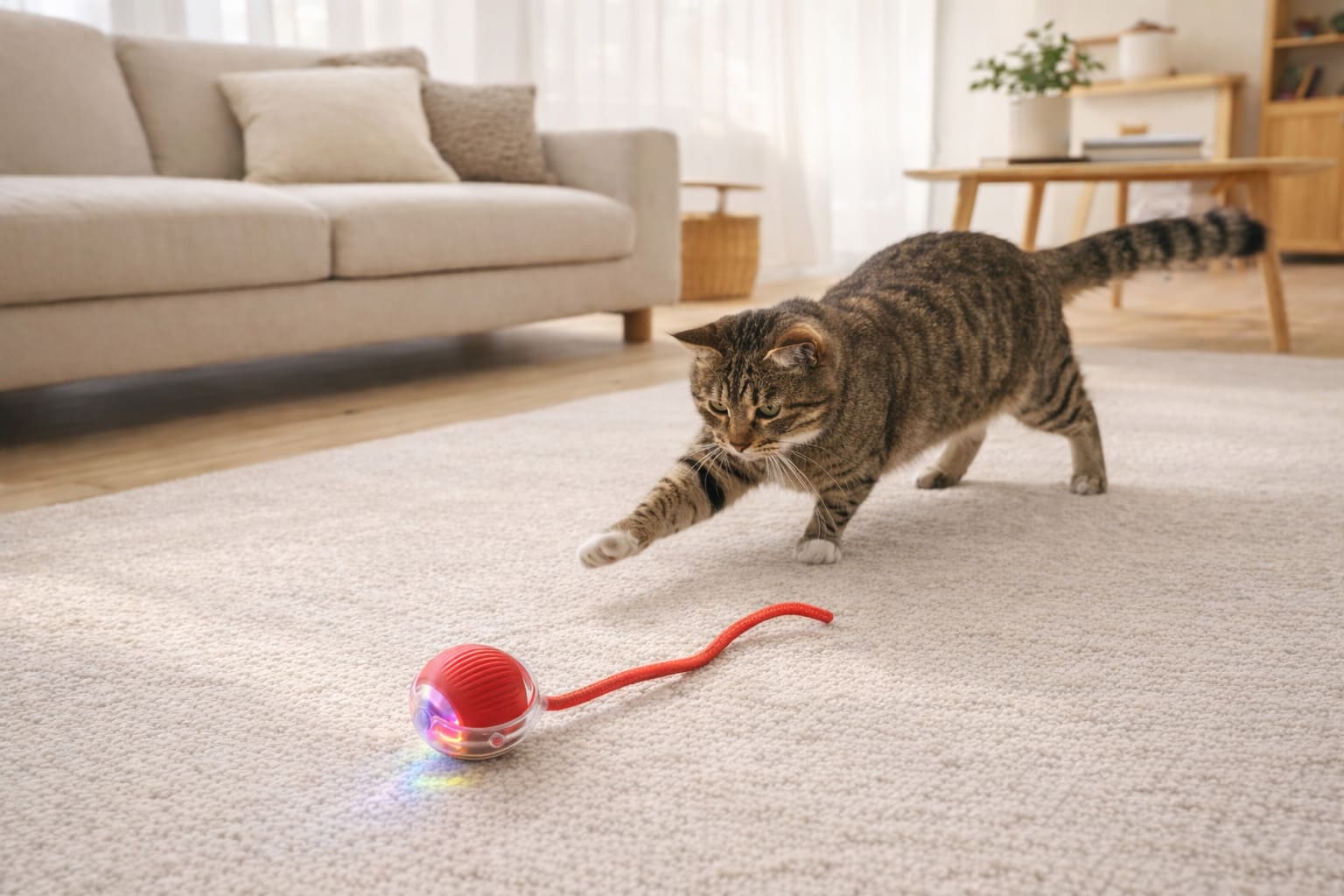 Cat chasing HyperChase LED ball across floor