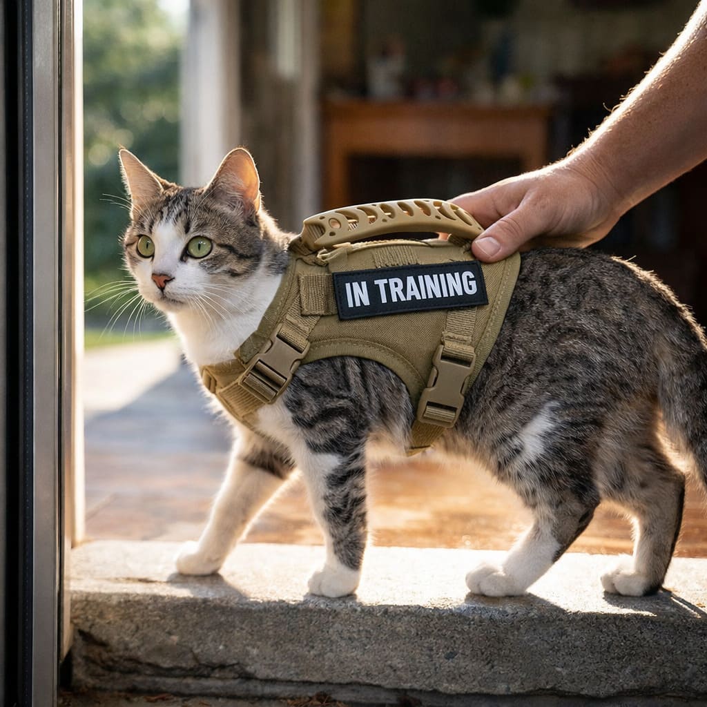 Cat stepping outside for first walk in harness