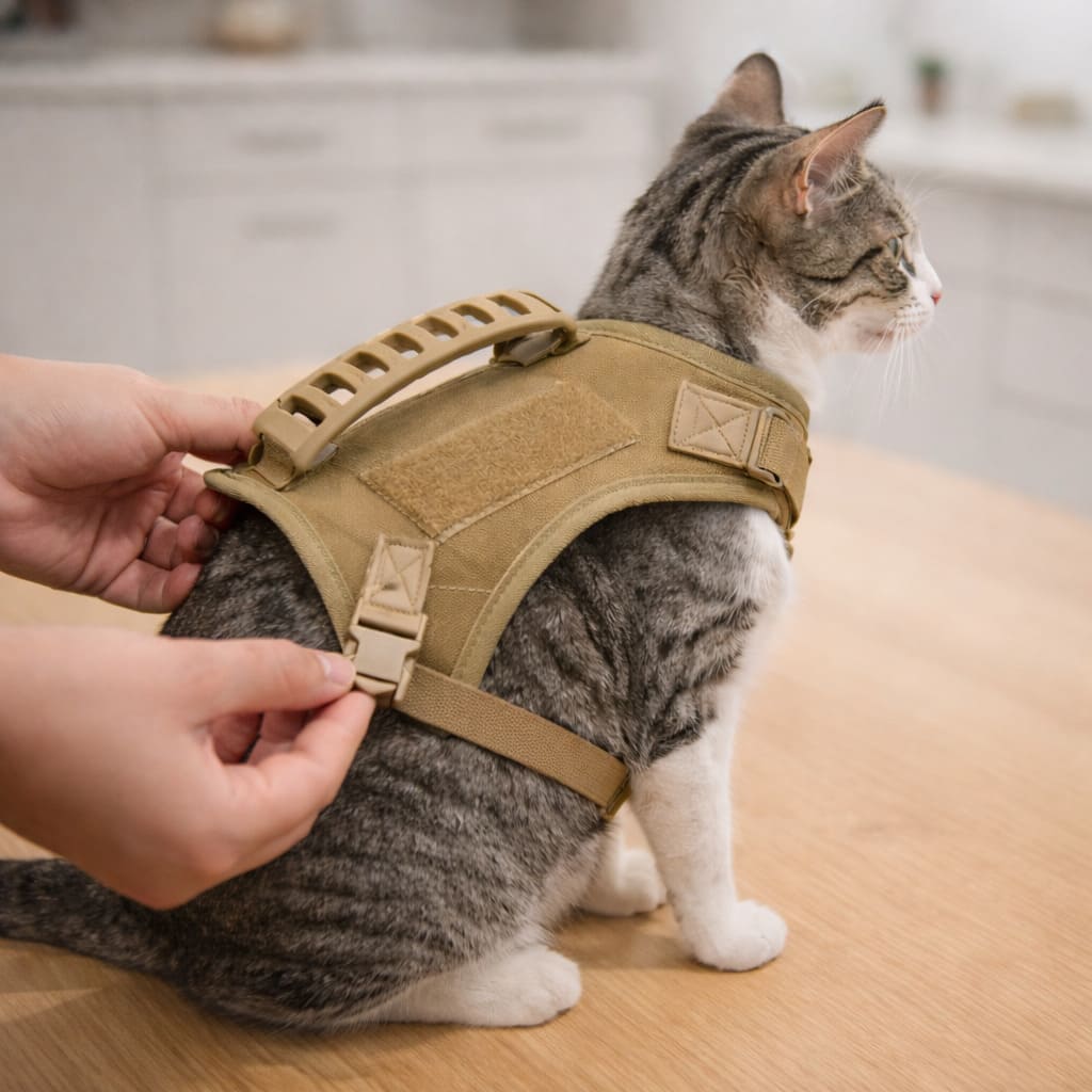 Putting tactical vest harness on a cat