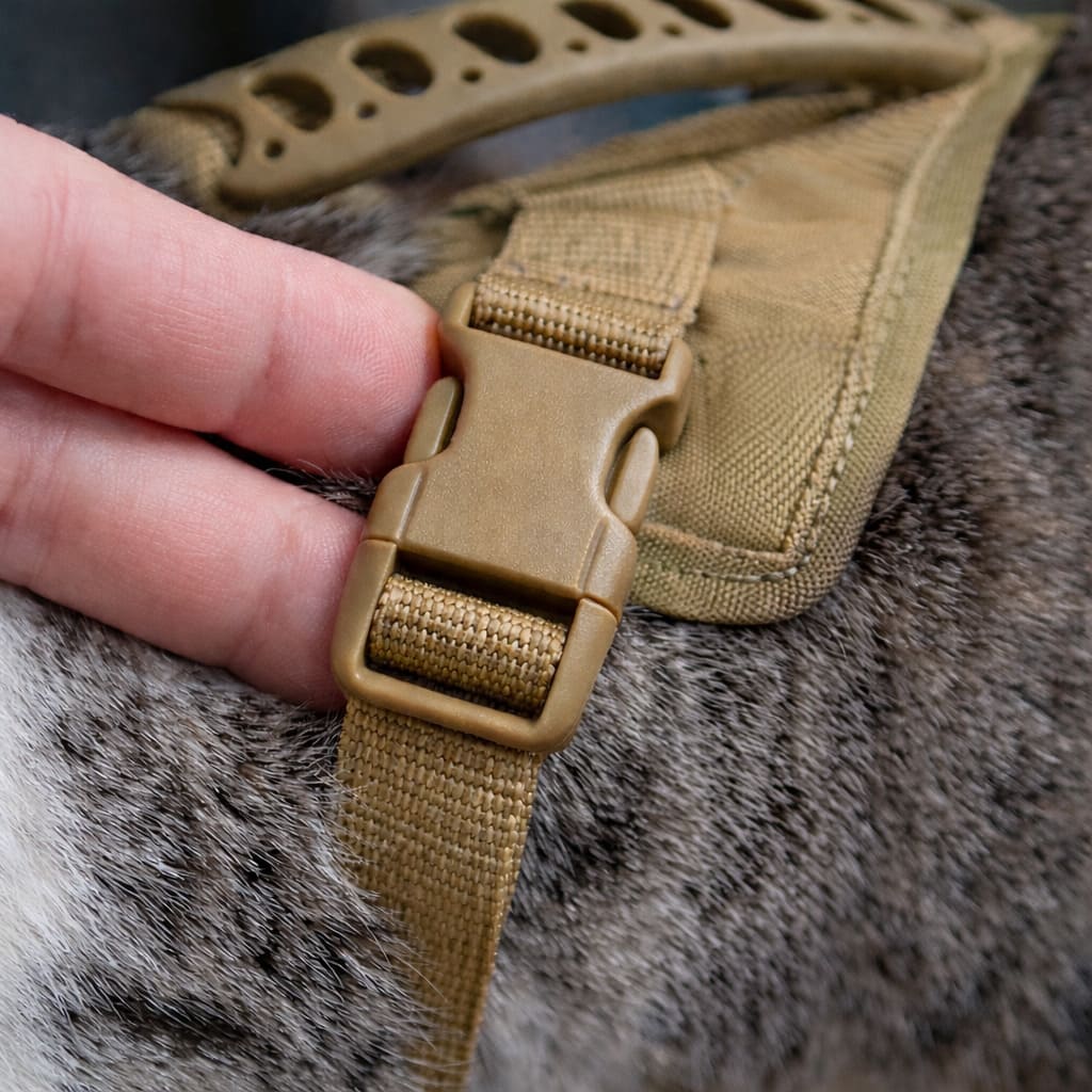 Two-finger fit check on cat harness strap