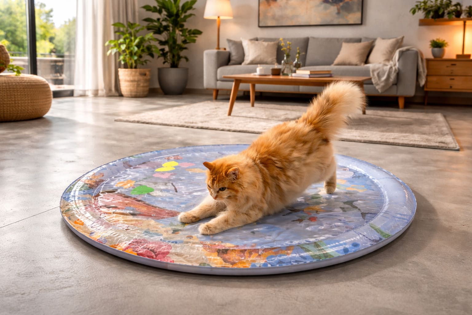 Cat stalking and pawing at floating fish on AquaPaw water mat