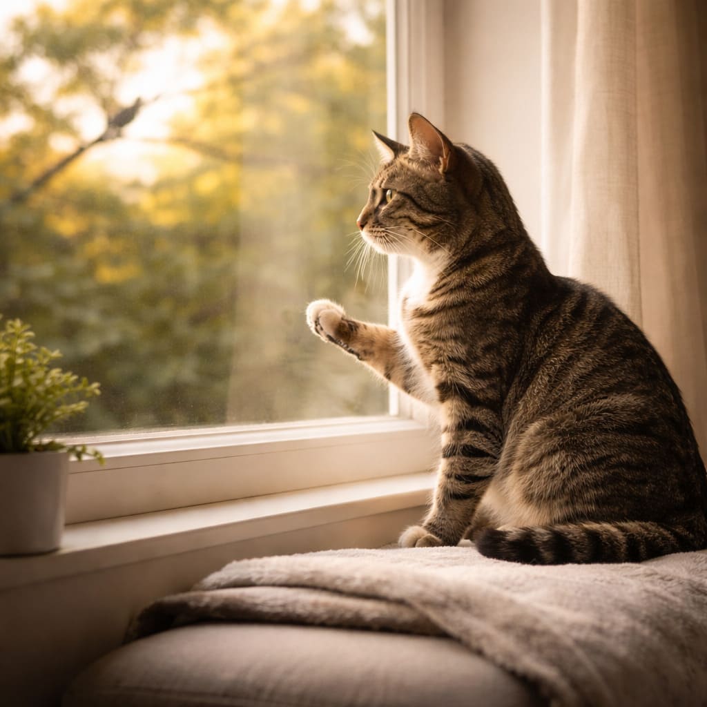 Indoor cat watching birds through apartment window