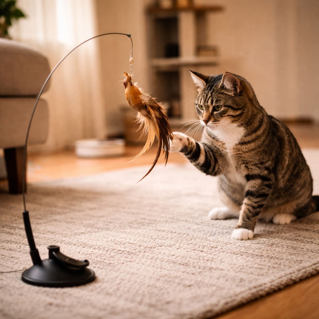 Cat actively playing with interactive bird toy - pouncing at feathered bird