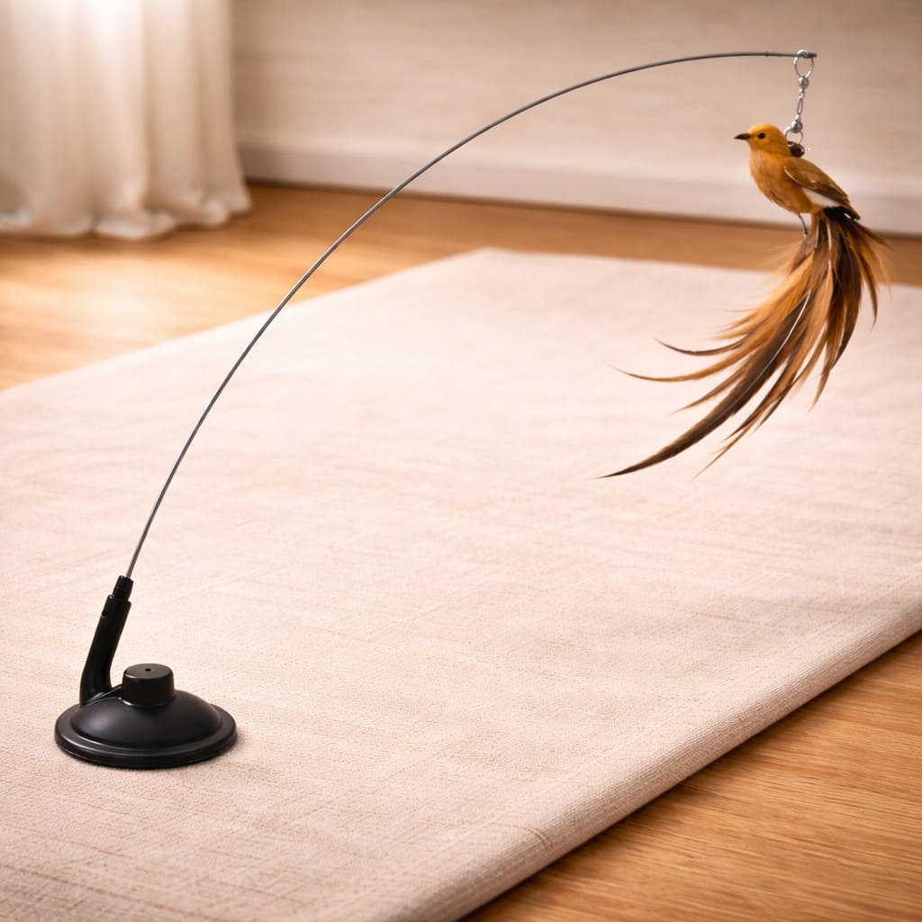 Interactive bird cat toy - close-up of spring steel wire, real feathers, and weighted suction base