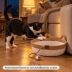 cat-at-rope-cat-basket-by-sofa-evening Tuxedo cat reaching onto a caramel rope cat basket bed by the sofa in the evening, someone reading by lamplight
