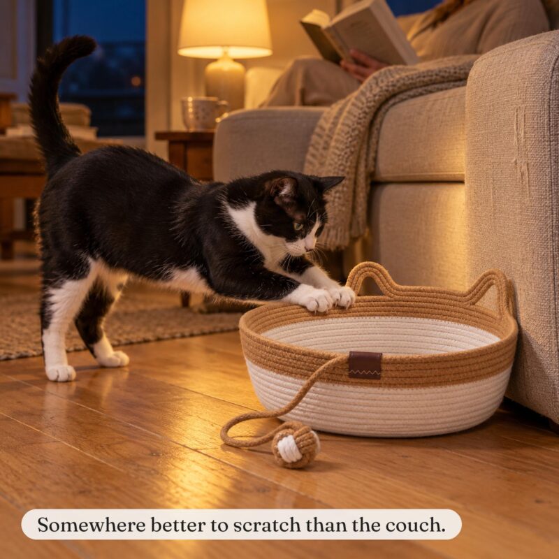 Tuxedo cat reaching onto a caramel rope cat basket bed by the sofa in the evening, someone reading by lamplight
