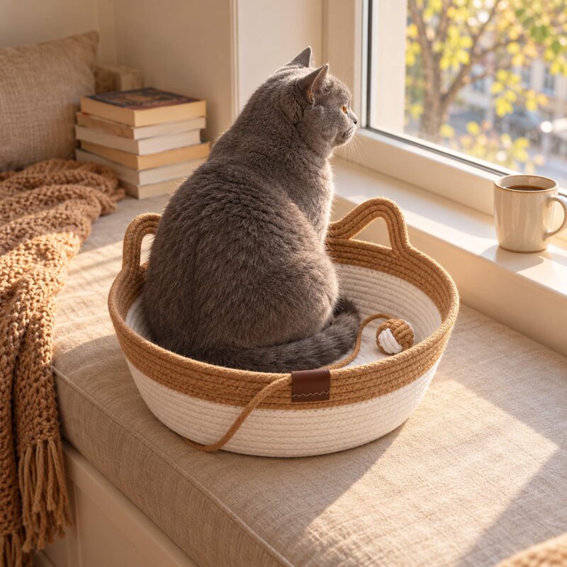 Blue-gray British Shorthair sitting in a caramel rope cat basket bed on a window seat, looking out of the window