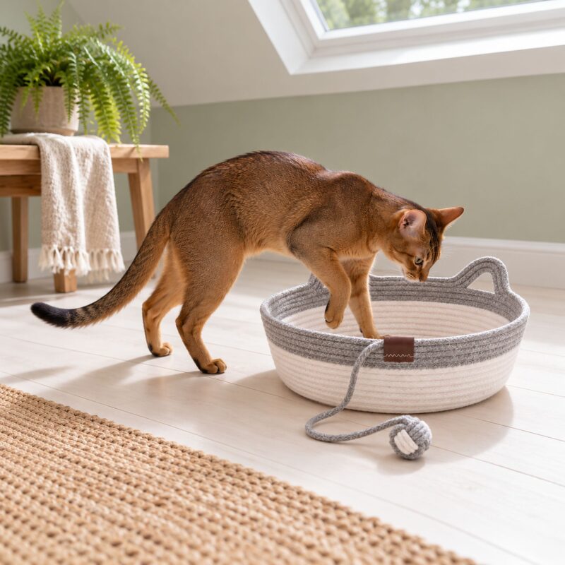 Ruddy Abyssinian cat stepping over the rim into a gray and white rope cat basket on a bright landing
