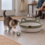 kitten-playing-rope-ball-cat-basket Tabby and white kitten swatting the rope ball of a small green cat basket by the front door