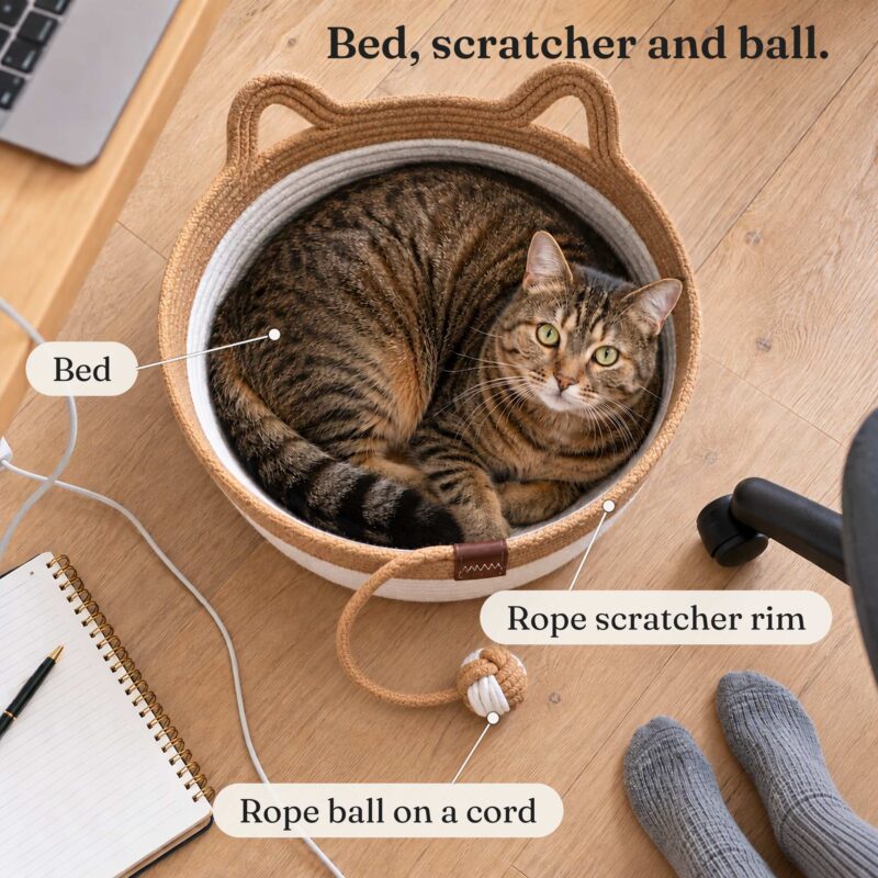 Brown tabby curled in a rope cat basket from above, labeled bed, rope scratcher rim and rope ball on a cord